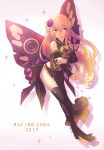  1girl 2017 arm_warmers asymmetrical_legwear bare_shoulders black_legwear black_shirt butterfly_wings character_name clenched_hand commentary flower full_body goodsmile_racing green_eyes hair_flower hair_ornament high_heels highres holding_own_arm long_hair megurine_luka mochityoko open_mouth outstretched_arm pink_hair purple_flower shirt sideways_glance sleeveless sleeveless_shirt smile solo sparkle vocaloid wings 