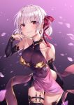  1girl arm_behind_back armlet bangs bare_shoulders black_shorts blush breasts collarbone cowboy_shot detached_sleeves dress earrings eyebrows_visible_through_hair fate/grand_order fate_(series) gold_trim hair_between_eyes hair_ribbon hand_up jewelry kama_(fate/grand_order) leaning_forward looking_at_viewer medium_breasts navel parted_lips pelvic_curtain petals purple_dress r_o_ha red_eyes red_ribbon ribbon short_hair shorts sidelocks sleeveless smile solo thigh-highs 