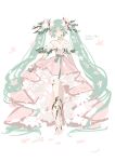  1girl absurdly_long_hair absurdres aqua_eyes aqua_hair bare_shoulders branch butterfly_ornament dress flower frilled_dress frills full_body hair_branch hair_flower hair_ornament haruri hatsune_miku headset highres long_hair looking_at_viewer pink_dress sketch smile strapless strapless_dress twintails very_long_hair vocaloid white_background 