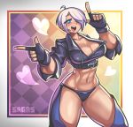  1girl abs absurdres angel_(kof) blue_eyes breasts commentary english_commentary fingerless_gloves gloves heart highres large_breasts one_eye_covered sagas293 short_hair solo the_king_of_fighters upper_body white_background white_hair 