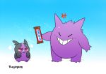  angry blank_eyes blue_background closed_eyes commentary creature english_commentary facing_another frown full_body gen_1_pokemon gen_8_pokemon gengar ghost gradient gradient_background grin holding_chocolate looking_at_another morpeko morpeko_(hangry) no_humans pokemon pokemon_(creature) red_eyes smile snickers standing thegreyzen 