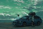  2girls backpack backpack_removed bag black_hair car ground_vehicle hood hoodie kensight328 long_hair motor_vehicle multiple_girls original outdoors ponytail scenery short_hair sky subaru_(brand) subaru_levorg 