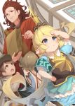  animal_ears arm_up bag baguette bare_shoulders belt belt_buckle blonde_hair blue_dress blue_gloves blush bread brown_belt brown_eyes brown_hair brown_headwear buckle building cabbie_hat character_request charlotta_fenia closed_mouth crown day dress dutch_angle elbow_gloves erune food gloves granblue_fantasy grey_shirt grocery_bag hand_on_hip harvin hat holding holding_bag long_hair long_sleeves mini_crown o_(rakkasei) outdoors paper_bag pleated_dress puffy_short_sleeves puffy_sleeves red_shirt shirt shopping_bag short_sleeves smile very_long_hair window 