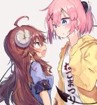  2girls ahoge beize_(garbage) blush brown_eyes brown_hair chiyoda_momo curled_horns demon_girl demon_horns demon_tail eyebrows_visible_through_hair fang hair_ornament hood hoodie horns long_hair machikado_mazoku multiple_girls open_mouth pink_hair school_uniform shiny shiny_hair short_hair skin_fang sweat tail translation_request yoshida_yuuko_(machikado_mazoku) 