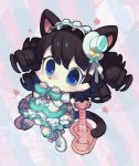  animal_ears aoneko bell black_hair blue_eyes blush cat cat_ears cat_girl cat_tail commentary_request curly_hair cyan_(show_by_rock!!) dress frilled_dress frills furrification furry hands_on_own_face hat heart_guitar maid_headdress show_by_rock!! star striped striped_background tail zoom_layer 