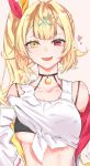  absurdres august. black_bra blonde_hair bra breasts choker covered_nipples hair_ornament hairclip heart heterochromia highres hoshikawa_sara nijisanji red_eyes shirt shirt_lift side_ponytail tied_shirt under_boob underwear upper_body virtual_youtuber x_hair_ornament yellow_eyes 