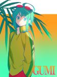  1girl aqua_eyes aqua_hair bangs character_name expressionless eyewear_on_head gradient gradient_background green_sweater gumi hands_in_pockets leaf long_sleeves looking_at_viewer pants pg_(lhotseshar) red_pants solo sunglasses sweater upper_body vocaloid 