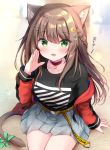  1girl :d animal_ear_fluff animal_ears bangs blurry blurry_background blush braid breasts brown_hair cat_ears cat_girl cat_tail choker collarbone commentary_request crescent crescent_hair_ornament depth_of_field eyebrows_visible_through_hair fang green_eyes grey_skirt hair_between_eyes hair_ornament hairclip hand_up highres jacket long_hair long_sleeves masayo_(gin_no_ame) medium_breasts off_shoulder open_clothes open_jacket open_mouth original pleated_skirt red_choker red_jacket skirt sleeves_past_wrists smile solo star star_hair_ornament tail very_long_hair 