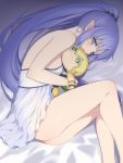  1girl ass bare_legs bare_shoulders blue_eyes blue_hair blush breasts caster_lily dress eyebrows_visible_through_hair fate/grand_order fate_(series) hair_ornament highres large_breasts long_hair looking_at_viewer pointy_ears ponytail purple_hair solo stuffed_toy very_long_hair white_dress 