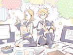  1boy 1girl arm_warmers bangs bare_shoulders black_collar black_shorts black_sleeves blonde_hair blue_eyes book bookmark bow collar commentary crop_top eighth_note hair_bow hair_ornament hairclip hand_up handheld_game_console headphones holding holding_folder holding_handheld_game_console holding_pen kagamine_len kagamine_rin knees_up leg_warmers looking_at_viewer monitor musical_note musical_note_print neckerchief necktie nintendo_switch paper pen polka_dot sailor_collar school_uniform shirt short_hair short_ponytail short_shorts short_sleeves shorts shoulder_tattoo sitting sleeveless sleeveless_shirt sparkle speaker speech_bubble spiky_hair striped suzumi_(fallxalice) swept_bangs tattoo thought_bubble vocaloid wariza white_bow white_shirt yellow_neckwear 
