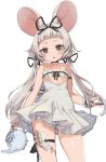  1girl animal_ears bangs bare_shoulders blunt_bangs blush dress flat_chest grey_eyes grey_hair highres hikimayu long_hair looking_at_viewer mouse_ears open_mouth original simple_background solo teapot thigh_strap twintails white_background white_dress yu-ri 
