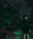  1girl backpack bag black_hair commentary highres hood hoodie kensight328 looking_back night night_sky observatory original ruins short_hair short_shorts shorts sky solo star_(sky) starry_sky telescope 