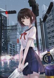  1girl black_hair black_skirt building car cityscape cowboy_shot grey_sky ground_vehicle high-waist_skirt holding looking_at_viewer miniskirt motor_vehicle neck_ribbon original outdoors parted_lips pleated_skirt r_o_ha rain red_eyes red_neckwear ribbon sailor_collar school_uniform serafuku shirt shirt_overhang short_hair short_sleeves sidelocks skirt solo standing traffic_light umbrella water white_shirt 