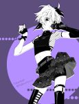  1girl belt commentary contrapposto cowboy_shot dated elbow_gloves emu_(marico_w) fingerless_gloves fishnet_top flower_(vocaloid) gloves greyscale highres holding holding_microphone looking_at_viewer microphone monochrome multicolored_hair multiple_monochrome music purple_background short_hair singing single_glove skirt solo streaked_hair suspenders thigh-highs twitter_username v_flower_(vocaloid4) vocaloid wristband 
