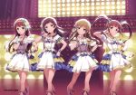  4girls bangs blue_eyes boots bow braid brown_eyes brown_hair concert dress finger_to_mouth hair_bow hair_ribbon hairband holding holding_microphone idolmaster idolmaster_million_live! kitazawa_shiho knee_boots kousaka_umi long_hair matsuda_arisa microphone multiple_girls parted_bangs puffy_short_sleeves puffy_sleeves ribbon short_sleeves side_braid stage stage_lights tanaka_kotoha tied_hair tokachi_gumi twin_braids twintails wrist_cuffs yellow_eyes 