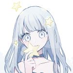  1girl bangs bare_shoulders blunt_bangs choker collarbone commentary_request covering_mouth eyelashes face grey_eyes grey_hair head_tilt highres long_hair maco22 original pale_color portrait simple_background solo star white_background 