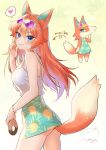  1girl absurdres animal_ear_fluff animal_ears bangs bare_arms bare_shoulders blue_eyes breasts commentary cowboy_shot creature_and_personification doubutsu_no_mori doughnut eyebrows_visible_through_hair eyewear_on_head food fox_ears fox_girl fox_tail geshumaro gradient gradient_background hair_between_eyes hand_up heart highres humanization large_breasts long_hair looking_at_viewer monika_(doubutsu_no_mori) orange_hair orange_nails pineapple_print print_skirt purple-tinted_eyewear shirt simple_background skirt smile solo spoken_heart sunglasses tail white_shirt yellow_background 