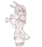  .live 1girl animal_ears bare_shoulders blush cropped_legs denim denim_shorts detached_sleeves dress fingerless_gloves flower from_side gloves hair_flower hair_ornament highres kitakami_futaba looking_at_viewer monochrome ouka_(yama) rabbit_ears see-through_dress shorts shorts_under_skirt simple_background sketch sleeveless sleeveless_dress solo spot_color twintails white_background 