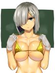  1girl absurdres aima_imoko0327 bare_shoulders bikini bikini_pull blue_eyes breast_press breasts collarbone commentary_request covered_nipples gloves hair_ornament hair_over_one_eye hairclip hamakaze_(kantai_collection) highres kantai_collection large_breasts looking_at_viewer micro_bikini parted_lips pulled_by_self short_hair silver_hair solo sweat swimsuit under_boob upper_body white_gloves yellow_bikini 