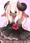  1girl animal_ears commentary_request detached_sleeves dress flower frilled_dress frills furry hakuari_(hina) horns lolita_fashion long_hair looking_at_viewer open_mouth original sheep sheep_ears sheep_girl sheep_horns shoulders solo white_hair yellow_eyes 