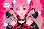  1girl :p alternate_hair_color alternate_hairstyle blue_hair bunny_hair_ornament collar commentary cross cross_earrings crossed_arms d.va_(overwatch) dual_wielding ear_clip earrings english_commentary english_text eyeliner eyeshadow gun hair_ornament handgun holding holding_gun holding_weapon jewelry long_hair makeup multicolored_hair overwatch pink_eyes pink_eyeshadow pink_hair pistol solo speech_bubble streaked_hair tongue tongue_out twintails two-tone_hair vicki_tsai weapon 
