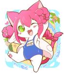  1girl :3 animal_ears azuma_minatsu blush cat cat_busters cat_ears cat_girl cat_tail clouds coconut commentary_request fang food fruit full_body furry green_eyes heart island long_hair neko_hakase_(cat_busters) ocean open_mouth palm_tree pawpads pink_hair rock school_swimsuit seashell shell sky slit_pupils solo swimsuit tail tree watermelon 