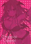  1girl absurdres bangs bare_shoulders bikini blush breasts cowboy_shot demon_wings hair_between_eyes head_wings highres koakuma large_breasts long_hair looking_at_viewer natsuki_(ukiwakudasai) navel pink_background scan smile solo stomach swimsuit thighs touhou wings 