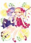  2girls absurdres alternate_costume aogiri_sei bangs bare_arms bare_shoulders bat_wings beret black_footwear blonde_hair blue_hair blue_skirt blush bow choker crystal dress fang flandre_scarlet food hat hat_bow high-waist_skirt high_heels highres holding holding_food long_hair looking_at_viewer miniskirt multiple_girls one_eye_closed one_side_up petticoat pink_bow pointy_ears popsicle red_bow red_choker red_dress red_eyes red_footwear red_neckwear red_ribbon remilia_scarlet ribbon sailor_collar scan short_dress short_hair siblings sisters sitting skirt smile thigh_strap touhou white_background white_headwear white_sailor_collar wings wrist_cuffs 