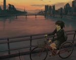  1girl backpack bag bicycle black_hair commentary evening ground_vehicle highres industrial kensight328 original outdoors railing russian_commentary scenery shoes short_hair sky sneakers solo twilight water 