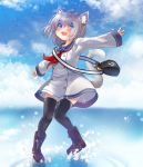  1girl animal_ears bag bangs black_legwear blue_eyes blush cat_ears cat_tail child dress eyebrows_visible_through_hair eyes_visible_through_hair fang grey_hair highres open_mouth original sailor_dress short_hair small_breasts solo tail thigh-highs toba_hiyoko 