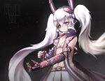  1girl animal_ears artist_name azur_lane belt bra closed_mouth coat coin collarbone english_commentary eyepatch fake_animal_ears flat_chest frown headgear highres kreuzer_00 laffey_(azur_lane) lavender_hair long_hair mechanical_arm navel open_clothes open_coat overcoat pink_eyes pleated_skirt rabbit_ears retrofit_(azur_lane) screwdriver skirt sleeveless solo standing stomach twintails underwear upper_body very_long_hair white_bra white_skirt 