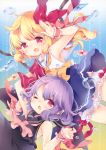  2girls absurdres alternate_costume aogiri_sei arm_up ascot bangs bare_shoulders bat_wings black_shirt blonde_hair bloomers blue_skirt blush bow cowboy_shot crystal eyebrows_visible_through_hair fang flandre_scarlet hair_bow highres lavender_hair long_hair looking_at_viewer miniskirt multiple_girls no_hat no_headwear one_eye_closed open_mouth pink_neckwear red_bow red_eyes remilia_scarlet sailor_collar scan shirt siblings sisters skirt sleeveless sleeveless_shirt touhou underwear white_bloomers white_sailor_collar white_shirt wings wrist_cuffs yellow_neckwear 