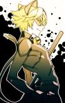  1boy adrien_agreste animal_ears arched_back bell bell_collar blonde_hair bodysuit bow_(weapon) cat_ears chat_noir closed_mouth collar fake_animal_ears flipped_hair from_side green_sclera hand_on_hip highres looking_at_viewer male_focus miraculous_ladybug sabu_(sa-bu) simple_background smile solo upper_body weapon white_background yellow_eyes 