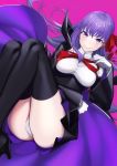  1girl ass bangs bb_(fate)_(all) bb_(fate/extra_ccc) black_coat black_legwear blush breasts closed_mouth coat fate/extra fate/extra_ccc fate_(series) fifty1202 gloves hair_ribbon high-waist_skirt highres knees_up large_breasts legs leotard long_hair long_sleeves looking_at_viewer neck_ribbon open_clothes open_coat popped_collar purple_background purple_hair red_ribbon ribbon skirt smile solo thigh-highs very_long_hair violet_eyes white_gloves white_leotard wide_sleeves 