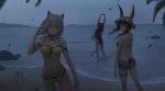 3girls amiya_(arknights) animal_ears arknights arms_up ass bangs bare_arms bare_shoulders beach bikini black_bikini black_swimsuit blue_eyes blue_shorts brown_hair cat_ears cat_tail chinese_commentary commentary_request cowboy_shot ears_through_headwear eyebrows_visible_through_hair feet_out_of_frame flip-flops flower from_behind goggles goggles_on_headwear green_bikini green_eyes hand_up hat hat_flower highres jay_xu kal&#039;tsit_(arknights) long_hair looking_at_viewer looking_back multi-strapped_panties multiple_girls navel night night_sky ocean one-piece_swimsuit ore_lesion_(arknights) rabbit_ears red_flower rock sandals short_hair short_shorts shorts silver_hair sky skyfire_(arknights) smile soaking_feet standing stomach stretch sun_hat swimsuit tail thighlet thighs water 