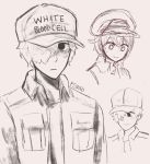  1boy 1girl :| ae-3803 ahoge artist_name black_eyes brown_background cabbie_hat character_sheet closed_mouth collared_shirt dual_persona fenori graphite_(medium) hair_over_one_eye hat hataraku_saibou jacket light_smile looking_away o_o pocket red_blood_cell_(hataraku_saibou) shirt short_hair sketch sweatdrop traditional_media u-1146 uniform white_blood_cell_(hataraku_saibou) 