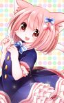  :3 animal_ears blue_bow bow bowtie cat cat_ears cat_girl cat_tail commentary_request dotted_background dress fang furry hair_bow hakuari_(hina) looking_at_viewer open_mouth original pink_bow pink_eyes pink_hair puffy_short_sleeves puffy_sleeves short_sleeves tail 