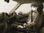  1girl car_interior driving jacket kensight328 original ponytail seatbelt sepia solo steering_wheel watch watch 