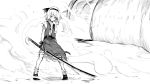  1girl asutora full_body gloves greyscale hairband highres holding holding_sword holding_weapon katana konpaku_youmu looking_at_viewer monochrome shoes short_hair skirt solo standing steam sword torn_clothes torn_skirt touhou weapon 