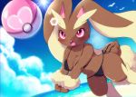  animal_ears beach bikini blush breasts bunny_tail clouds collarbone commentary_request furry gen_3_pokemon gen_4_pokemon kemoribon lopunny ocean open_mouth poke_ball pokemon rabbit_ears red_eyes sun swimsuit tail wingull 