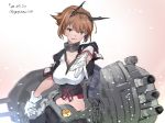  1girl absurdres black_skirt breasts brown_hair chain cowboy_shot gegeron gloves highres kantai_collection large_breasts looking_at_viewer midriff mutsu_(kantai_collection) navel obi rigging sash short_hair skirt smile solo turret twitter_username white_background white_gloves yellow_eyes 