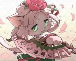  1girl :3 animal_ears cat cat_busters cat_ears cat_girl cat_tail cherry_blossoms commentary_request detached_sleeves fan flower furry green_eyes hair_flower hair_ornament long_hair looking_at_viewer nekoguruma open_mouth paper_fan sakuya_(cat_busters) slit_pupils solo tail 
