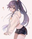  :o azuki_3693 bird blue_eyes blush boxers changing_clothes check_commentary chicken commentary commentary_request eyebrows_visible_through_hair fu_hua hair_ornament heart honkai_(series) honkai_impact_3rd hood hoodie long_hair midriff navel ponytail purple_hair rubber_band shirt shorts sparkle tank_top underwear white_shirt 