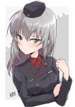  1girl alternate_eye_color arm_grab artist_name bangs black_headwear black_jacket bob_(you-u-kai) closed_mouth commentary cropped_torso dress_shirt eyebrows_visible_through_hair garrison_cap girls_und_panzer green_eyes hat head_tilt insignia itsumi_erika jacket kuromorimine_military_uniform long_sleeves looking_at_viewer medium_hair military military_hat military_uniform outside_border shirt signature silver_hair smile solo uniform upper_body wing_collar 