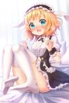  1girl animal_ears bangs bed_sheet blonde_hair blush buttons collared_shirt colored_eyelashes commentary curtains embarrassed eyebrows_visible_through_hair frills gochuumon_wa_usagi_desu_ka? green_eyes highres kirima_sharo knees_together_feet_apart maid maid_headdress mozukun43 no_shoes on_bed open_mouth palms pillow puffy_short_sleeves puffy_sleeves rabbit_ears ribbon shadow shirt short_hair short_sleeves sitting sitting_on_bed solo surprised tears thigh-highs thighs twitter_username wavy_hair white_legwear white_ribbon wrist_cuffs zettai_ryouiki 