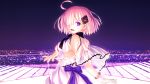  dress eyes_visible_through_hair fate/grand_order fate_(series) hair_ornament hairclip highres lavender_hair mash_kyrielight official_art one_eye_covered open_mouth reaching_out short_hair smile takeuchi_takashi violet_eyes white_dress 