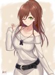  1girl absurdres artist_name bang_dream! bangs bare_shoulders belt black_belt breasts brown_hair collarbone commentary_request dated earrings eyebrows_visible_through_hair green_eyes grey_sweater highres imai_lisa jewelry large_breasts long_hair long_sleeves looking_at_viewer necklace one_eye_closed smile solo sweater unique_(pixiv12704744) 