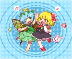  2girls antennae barefoot beamed_sixteenth_notes black_skirt black_vest blonde_hair blue_background blue_hair boned_meat butterfly_wings commentary_request dress eighth_note eternity_larva fang food full_body green_dress hair_ornament hair_ribbon hands_together hands_up holding holding_food kumamoto_(bbtonhk2) leaf_hair_ornament long_scarf looking_at_another lowres mallet meat multiple_girls musical_note one_eye_closed open_mouth pixel_art power-up rabbit red_eyes red_footwear red_neckwear red_ribbon ribbon rumia shirt short_hair skirt sleeves_past_wrists smile sparkle_background spoken_musical_note standing standing_on_one_leg touhou vest white_legwear white_shirt wings yellow_eyes 