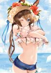  1girl amiya_(arknights) animal_ears arknights bare_shoulders blue_eyes blue_shorts breasts brown_hair clouds cowboy_shot day detached_sleeves ears_through_headwear flower hat hat_flower hibiscus highres hinahino long_hair looking_at_viewer medium_breasts midriff multiple_rings navel ocean one_eye_closed outdoors plaid rabbit_ears shirt short_shorts shorts sky smile solo stomach straw_hat under_boob white_shirt 