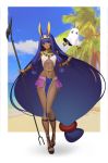  1girl absurdres animal_ears bangs beach belly_chain blue_sky blurry blurry_background bracelet breasts closed_mouth dark_skin earrings egyptian egyptian_clothes facepaint facial_mark fate/grand_order fate_(series) full_body hair_tubes hairband highres hoop_earrings jackal_ears jewelry long_hair looking_at_viewer low-tied_long_hair medjed navel ninec nitocris_(fate/grand_order) palm_tree pauldrons pelvic_curtain purple_hair sidelocks sky small_breasts smile staff tree usekh_collar very_long_hair violet_eyes 